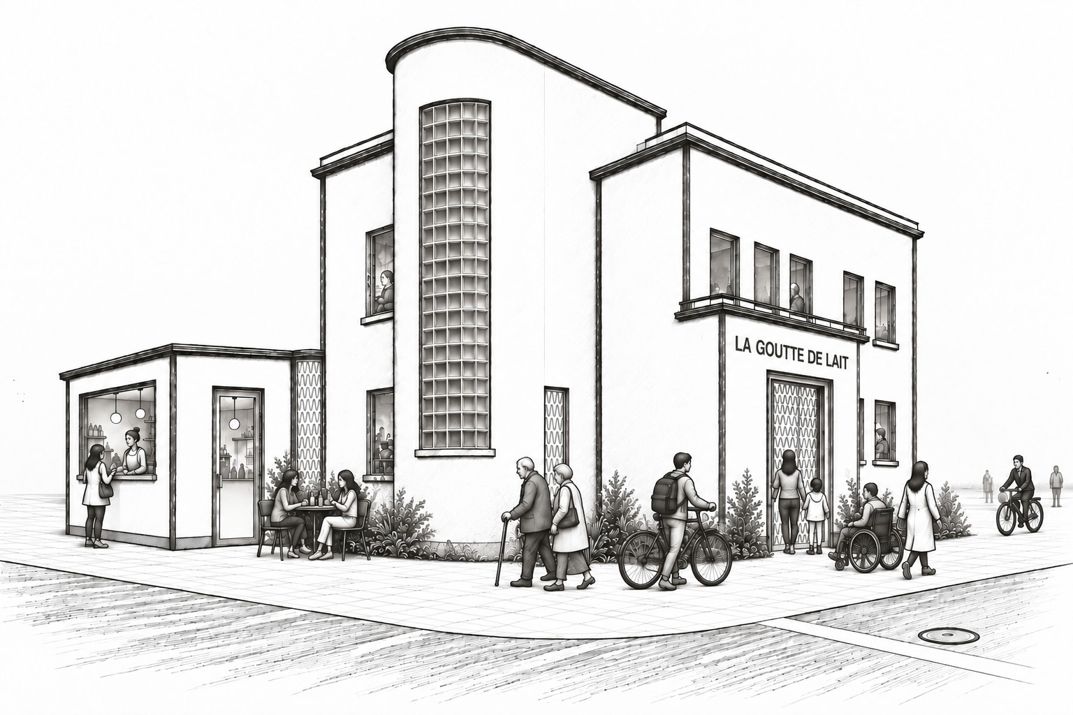 Croquis d’intention : La Goutte de Lait vue depuis l’angle de la rue Antoine Parmentier.