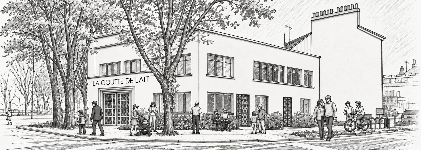 Croquis au trait de la façade longue de La Goutte de Lait sous les arbres de la place, passants et cyclistes.