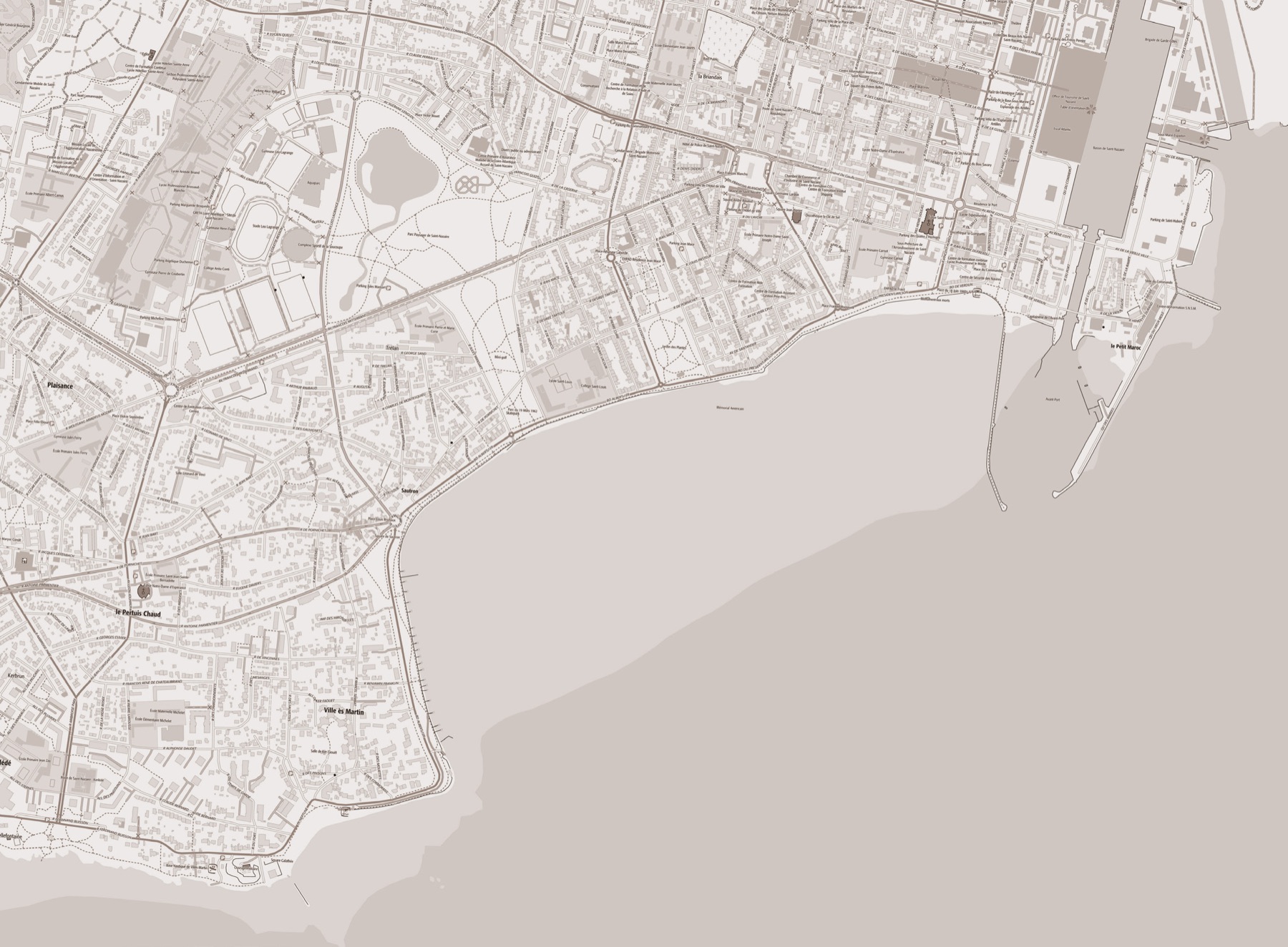 Plan du front de mer de Saint-Nazaire : La Goutte de Lait, place Louis Brichaux, sur la promenade du littoral entre la plage de Villès-Martin et le port.